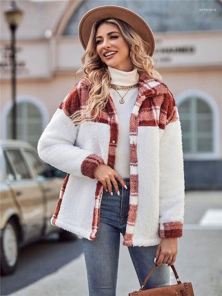 Damenstrick 2023 Damen Sherpa-Pullover Kariertes Hemdkragen-Cardigan Elegantes Patchwork-Fuzzy-Top Winter Lässige Streetwear-Sweatshirts