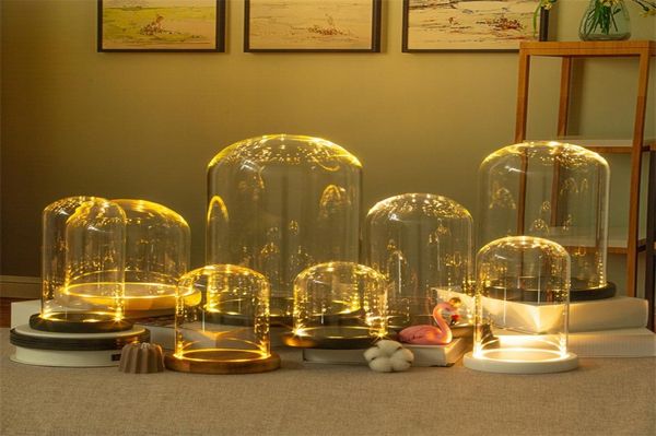 Прозрачный стеклянный купольный дисплей со светодиодной деревянной основой Микроландшафт Миниатюрный кукольный домик DIY Держатель для вазы для сохранения цветов 5358 Q26723040
