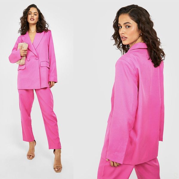 Completi da donna alla moda con pantaloni rossi rosa, blazer super lungo, gamba larga, doppio petto, abito da ballo da donna da ufficio