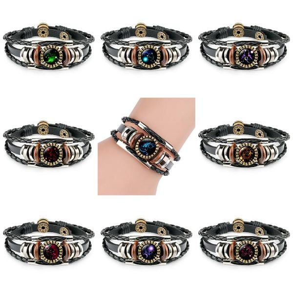 Charm Armbänder Vintage 12 Sternzeichen Armband für Frauen Männer Horoskop Multi Layered Leder Wrap Armreif Modeschmuck Geschenk