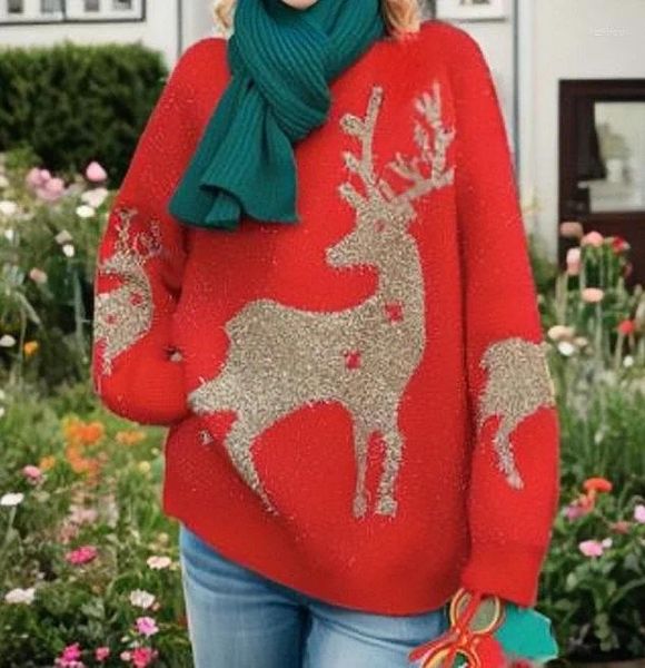 Maglioni da donna Autunno/Inverno Maglione di Natale Moda Pullover Girocollo Lavorato a maglia Fiocco di neve Alce Rosso Casual Elegante Maniche lunghe