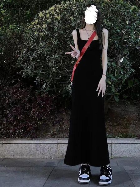 Lässige Kleider Trompete Maxi Kleid Frauen Solide Einfache Süße Koreanische Stil Mode Ärmellos Definiert Schlank Chic Sexy Quadrat Kragen Vestidos