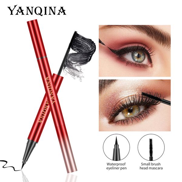 Yanqina Doppelkopf-Eyeliner-Mascara mit doppeltem Verwendungszweck, 2-in-1, wasserfest, verschmiert nicht, kleiner Bürstenkopf, dicke Locke