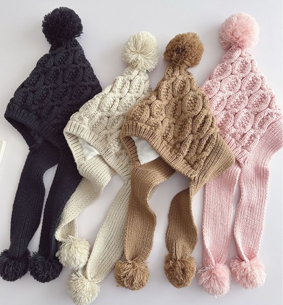 Bambine pompon cappelli lavorati a maglia all'uncinetto bambini bambini Twist fatti a mano fodera in velluto lavorato a maglia caldo beanie berretto da festa per bambini S0878