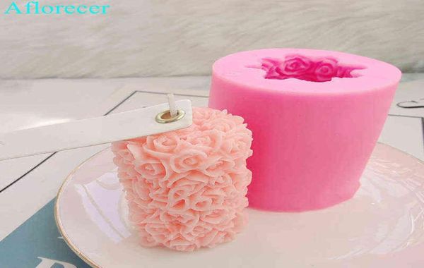 Stampo in silicone per candele con fiori di rosa 3D Stampo in gesso fai da te Stampo in gesso a forma di cilindro Stampi per candele per sapone in silicone H12229024975
