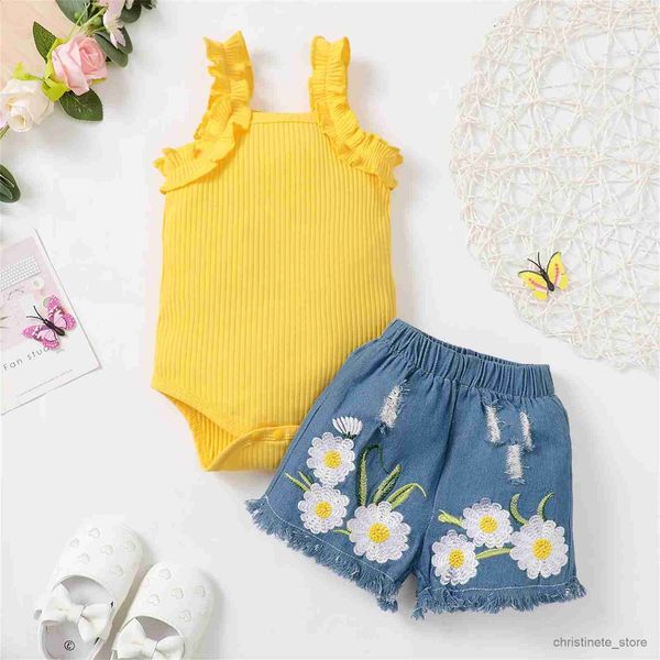 Kleidung Sets Infant Neugeborene Baby Mädchen Hosen Anzug Casual Street Party Stricken Strampler Weste Tops Denim Floral Kurze Hosen R231127