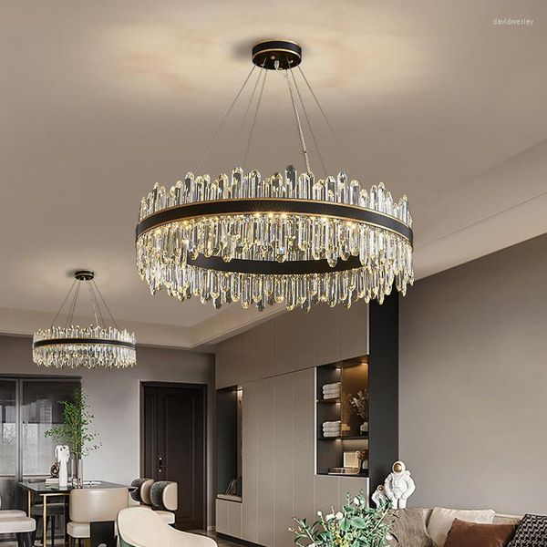 Lampadari Lampadario nero Illuminazione per soggiorno Lampada a sospensione in cristallo rotondo di lusso moderno Decorazioni per la casa Cucina ovale LED Cristal Lustre