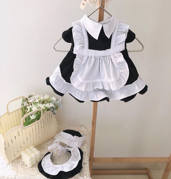 Vestidos 2023 Handmade Pet Dog Roupas Puro Algodão Preto Branco Lolita Maid Outfit Bow Princesa Vestido Para Pequeno Médio Cão Filhote de Cachorro Trajes