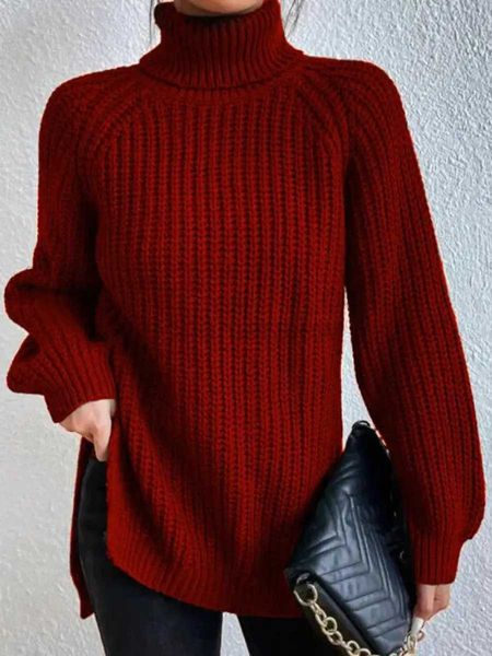 Женские свитера, свитер с высоким воротником большого размера, женский осенне-зимний повседневный однотонный вязаный пуловер, женский элегантный модный джемпер с рукавами реглан с разрезом zln231127