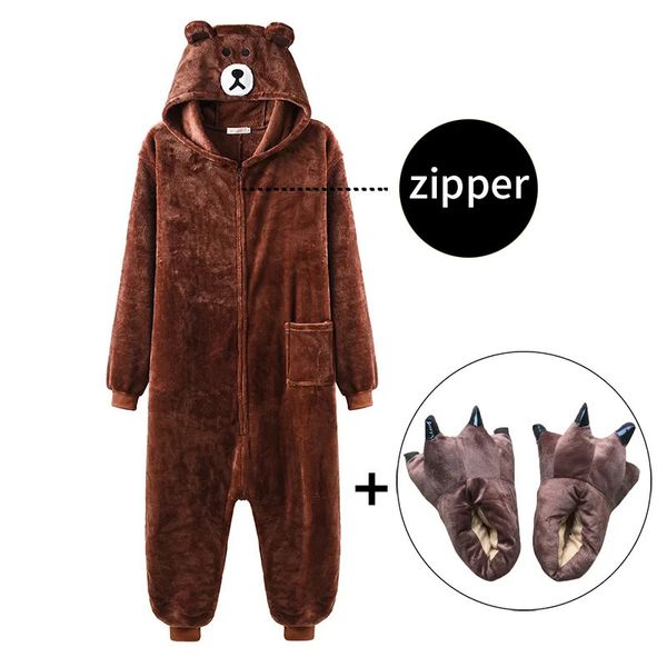 Mulheres Pijamas Urso Onesie Mulheres Homens Kigurumis Animal Pijama Cartoon Chinelos Festival Homewear Inverno Terno Quente Zipper Botão Macacão 231127