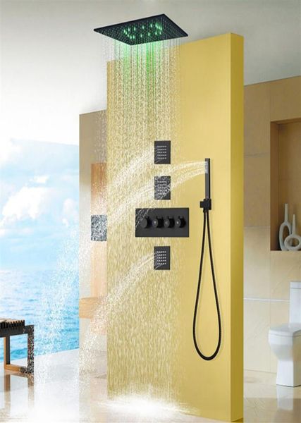 Conjunto de sistema de chuveiro LED tipo chuva escovado 4040 cm montado no teto retangular grande banheiro luxuoso nebulização chuva latão termostático 6998440