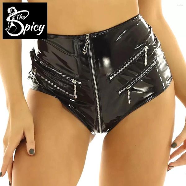 Shorts feminino picante menina sexy abertura virilha látex curto embalagem ecológica