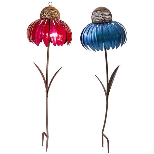 Ninhos sensação rosa coneflower alimentador de pássaros fora sem ferrugem metal arte flor jardim paisagem decoração com suporte birdfeeder