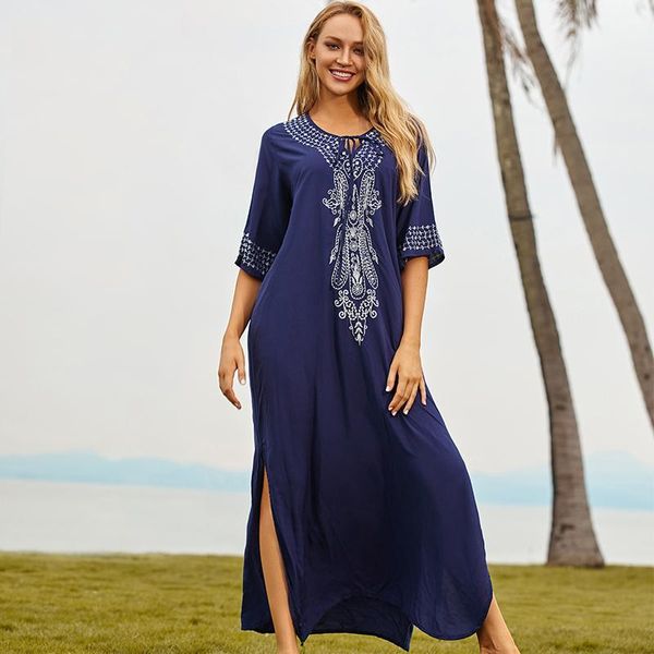 Vestido 2022 Encontrar cacas folclóricas indie up vneck batwing manga de verão túnica feminina de praia kaftan maxi manto sarong n775