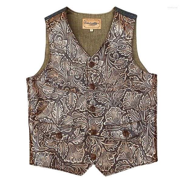 Herren Westen West Cowboy Echtleder Weste Herren Echte Ärmellose Jacken Rindsleder Weste Vintage Blumenmuster