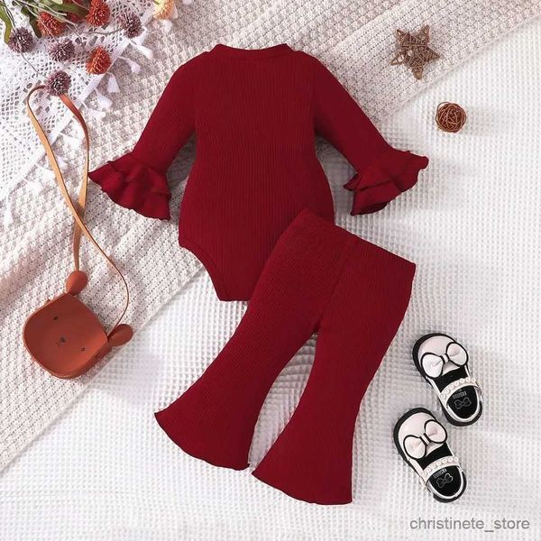 Conjuntos de roupas Bebê Set Meses Manga Longa Ruffled Romper e Boot Cut Pant Batening Outfit Criança Infantil Moda Terno Para Crianças R231127