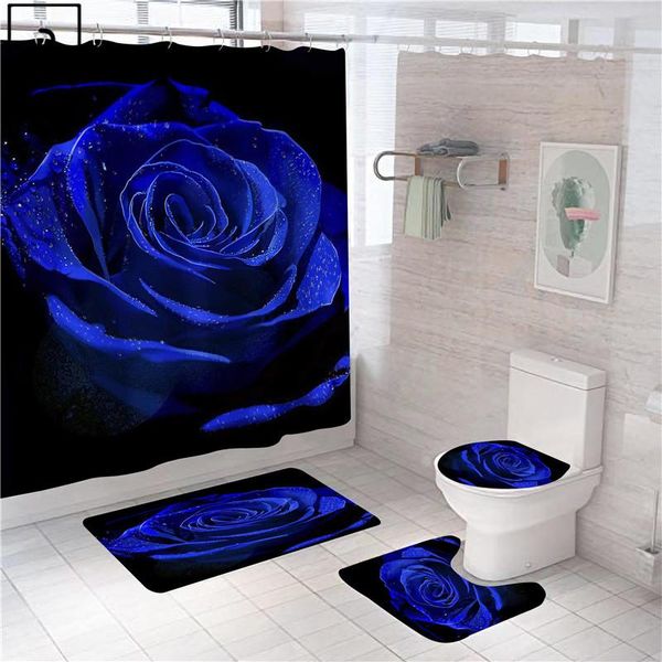 Perdeler zarif mavi gül kadın duş perdesi yağmur damlası polyester banyo kilimleri tuvalet kapağı kapak antislip banyo mat set ev wc aksesuarları