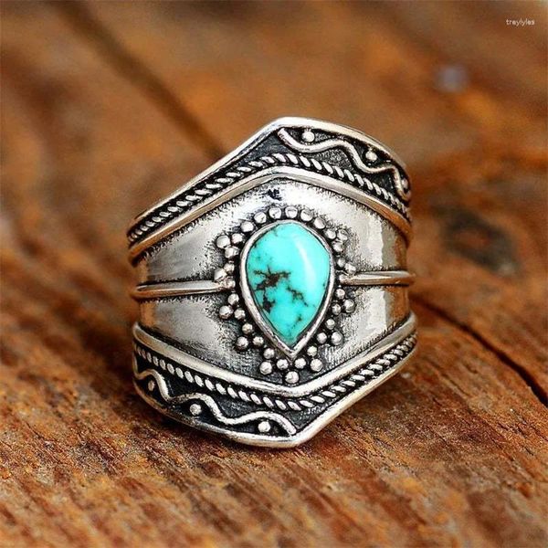 Anéis de cluster tibetano prata vintage design boho forma de gota de água turquesa para mulheres meninas étnico anel de dedo jóias presentes de festa jz121