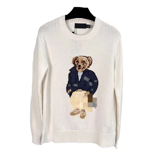 Ralphs Designer Laurens Maglione Ricamo industriale pesante di alta qualità Autunno e inverno Casual Little Bear Maglione girocollo in puro cotone jacquard fatto a mano da donna