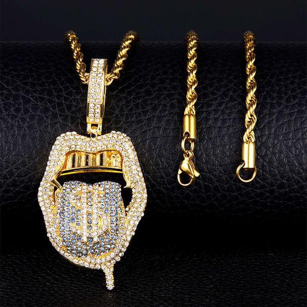 Designer de moda colar completo diamante esqueleto grande língua dólar pingente design sentido criativo simples hip hop pingente mens hip hop colar de corrente de elo cubano