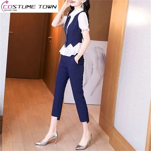 Jaquetas femininas Coreano Verão Splicing Shortsleeved Chiffon Camisa Casual Lápis Calças Twopiece Elegante Mulheres Calças Terno Office Outfits 231127