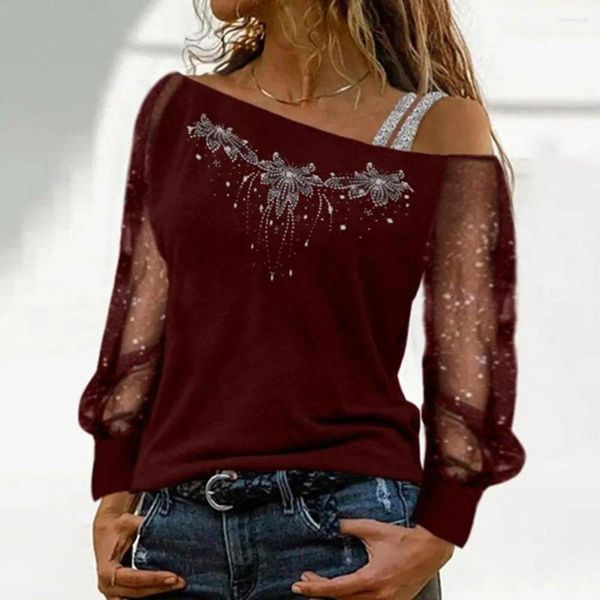 Camicette da donna Top monospalla da donna Party Stupenda camicetta con strass con paillettes Maglia trasparente Patchwork Colletto diagonale Taglie forti per l'autunno