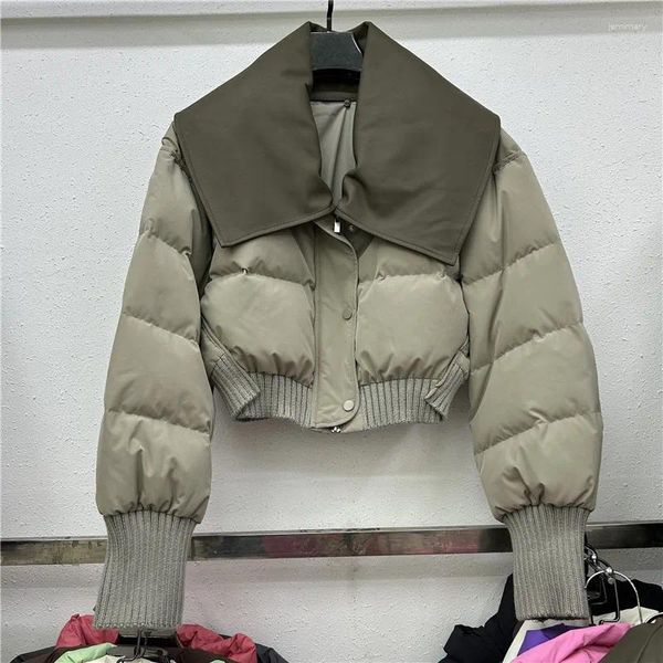 Casacos de Trench Femininos Faux PU Lapela Patchwork Leve Algodão Acolchoado Jaqueta Mulheres Inverno Slim Curto Quente Parkas Manga Longa Casaco de Algodão