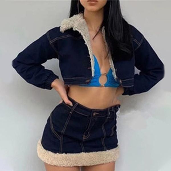 Vestido denim grosso quente saia feminina define jeans gola de pele cordeiros casaco de lã e saia de cintura alta para meninas 2021 inverno azul senhora ternos