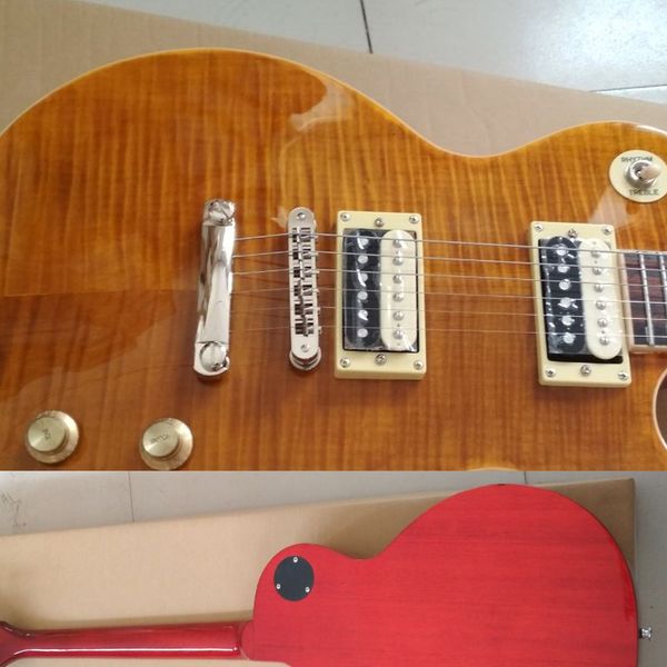 Hochwertige, klassische, bernsteinfarbene Flammendecke, Palisandergriffbrett, Mohagany LP Standard Slash E-Gitarre