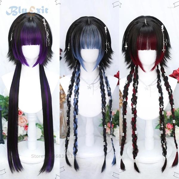 Articoli per feste Chic Girls Parrucca intrecciata Cosplay Misto Nero Rosso Blu Viola Capelli lunghi scuri Lolita Gothic Harajuku Frangia carina Halloween