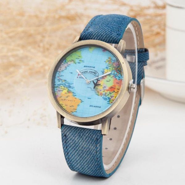 Avanadores de punho Menina Map Map Plane Second Women Women Jean Fabric Leather Strap Watches Relogio feminino Ladies Casual Quartz