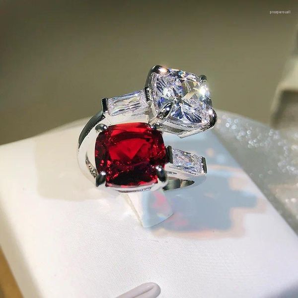 Кольца кластера, модное ювелирное кольцо из стерлингового серебра 925 пробы, элегантное женское кольцо с инкрустацией огненно-красного рубина, открытие, коктейльная вечеринка, подарок на день рождения