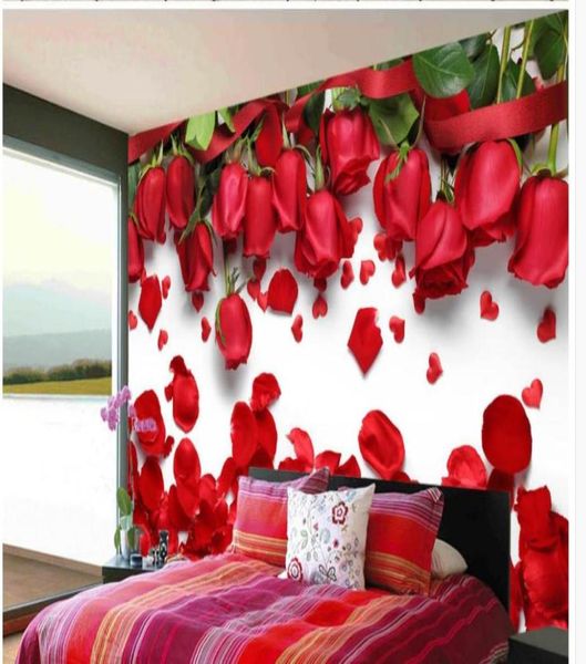 Murales 3d carta da parati Bellissimo amore romantico rosa rossa petalo di fiore TV sfondo muro 3d natura sfondi7239946