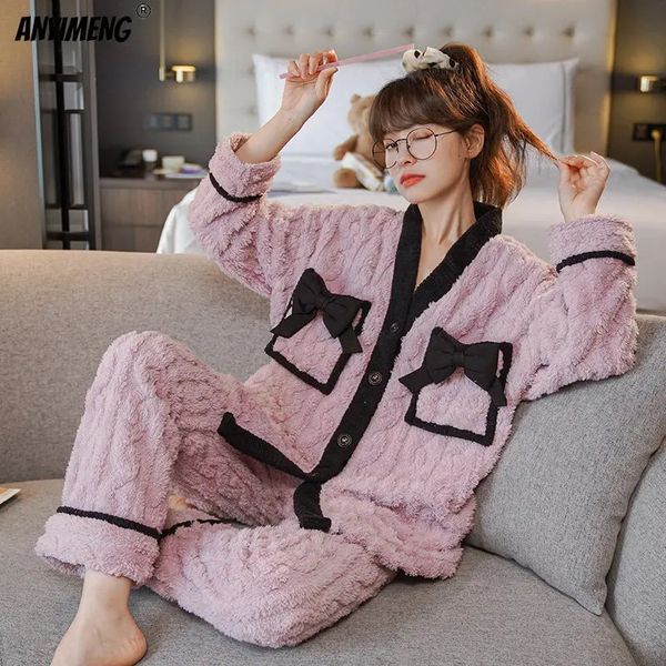 Pijamas femininos inverno grosso macio flanela pijama conjunto para mulheres japonês estilo quimono meninas cardigan teddy sleepwear com decote em v térmica senhora pijamas 231127