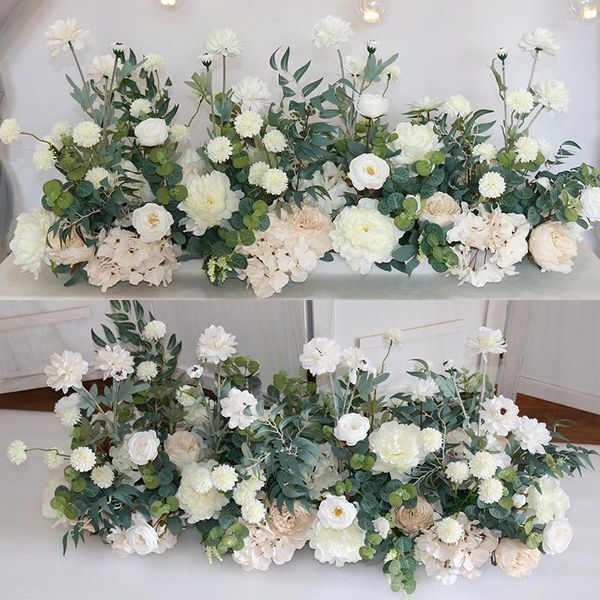Flores decorativas Personalizar 1m Casamento Artificial Row Floral Rosa Branca Peony Flor Arco de seda de seda Decoração de decoração parede
