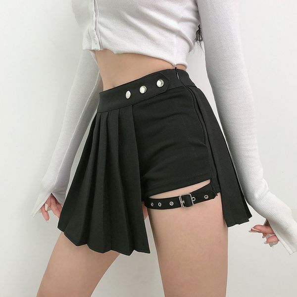 Saias plissadas meninas góticas meio verão harajuku estilo punk penteado saia irregular de cintura alta assimétrica Black 230426