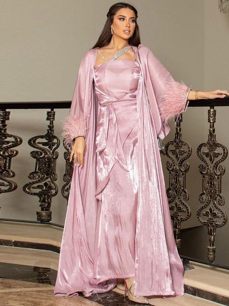 Etnik kıyafet 3 adet abaya fas parti kaftan set kadın saten tüy elmaslar Arap gece elbiseleri Ramazan Müslüman Dubai abayas set 230426