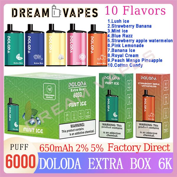 Original Doloda Extra Box 6000 Puff Einweg-Vapes-Stift, 2 % 5 % Verdampfer-Mesh-Spule, 12 ml Pod-Batterie, wiederaufladbare E-Zigarette, 10 Geschmacksrichtungen Kit