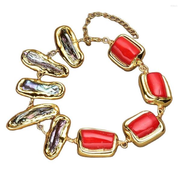 Strand GuaiGuai Gioielli Nero Biwa Keshi Perla Corallo rosso con bordo placcato oro Bracciale con perline per regalo alla moda da donna