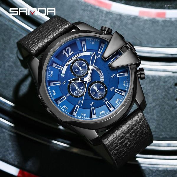 Orologi da polso SANDA Orologi da uomo di lusso Cinturino in pelle Orologio al quarzo sportivo moda impermeabile Orologio da polso da uomo con quadrante grande Reloj Hombre