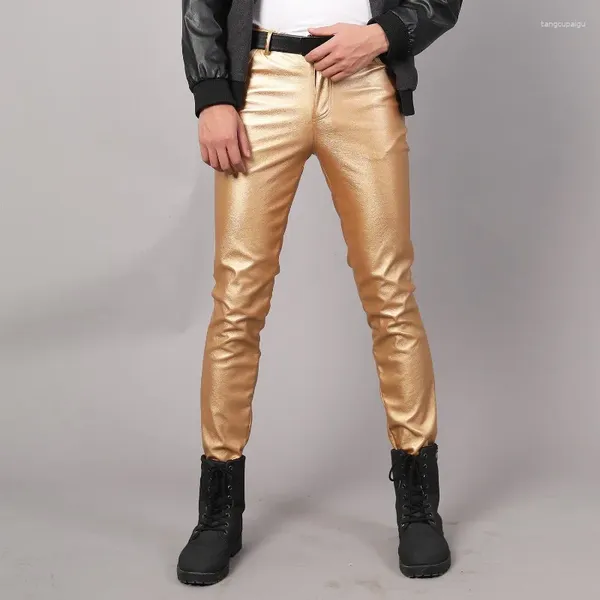 Calças masculinas homens de couro sólido magro ajuste elástico moda pu calças motocicleta streetwear masculino magro encaixe leggings