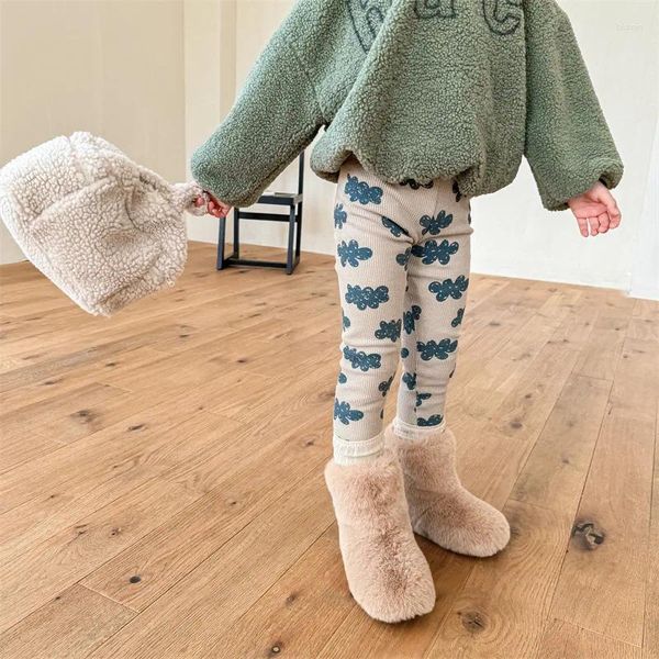 Hosen 2023 Winter Baby Fleece Leggings Baumwolle Infant Plus Samt Dicke Warme Kleinkind Mädchen Mode Druck Casual Hosen