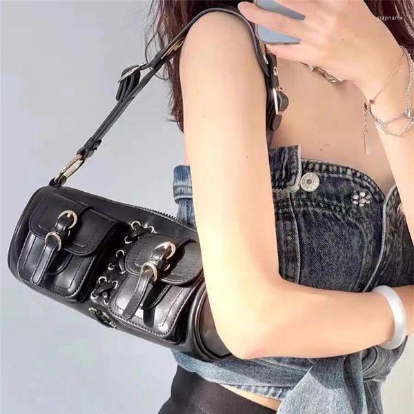 Sacos de noite Design de luxo bolsa de ombro feminina 2023 moda vintage escuro tempero cilindro cinta duplo bolso elegante bolsa de couro pu