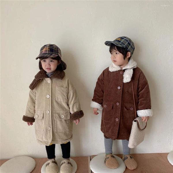 Piumino stile coreano 2023 inverno unisex bambini cappotti lunghi in velluto a coste spessi 2-6 anni bambini interno in pile berbero capispalla caldo