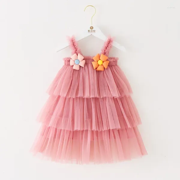 Vestidos de menina bonitos roupas de bebê cor sólida babados floral decorado rede liga bolo vestido para um aniversário doce princesa