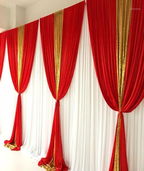 Decorazione per feste Design Tenda bianca Rosso ghiaccio Seta oro Paillettes Drappo Sfondo Matrimonio Compleanno6221989