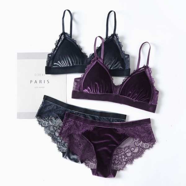 BH-Sets 5 Farben dünner BH aus Samt mit Pad und transparentem Höschen-Sets verstellbare Bralette-Unterwäsche Damen sexy Nachtwäsche 230427