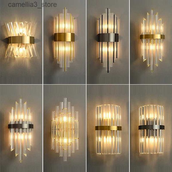 Lâmpadas de parede moderna lâmpada de parede de cristal dourado interior corredor luz de parede para quarto cabeceira sala de estar decoração led arandela banheiro q231127