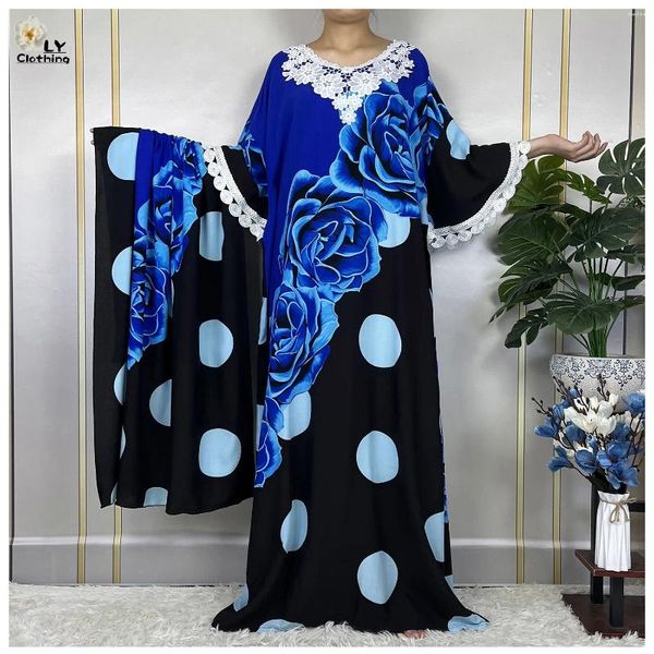 Ethnische Kleidung 2023 Afrikanische muslimische Kurzarmkleider Blumen lose Kaftan Islam Sommer Frauen Baumwollkleid mit großem Schal Abaya