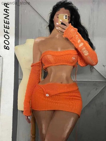 Saias Boofeenaa Sexy 2 Peça Define Mulheres Outfit Crop Tops Mini Saia Y2K Streetwear Baddie Assimétrico Malha Vestido Curto Conjuntos C78-FI29 Q231128